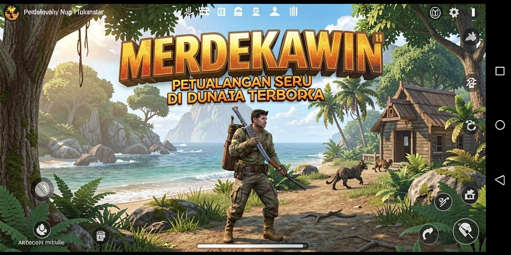 Screenshot gameplay MERDEKAWIN menunjukkan petualangan seru di dunia terbuka.