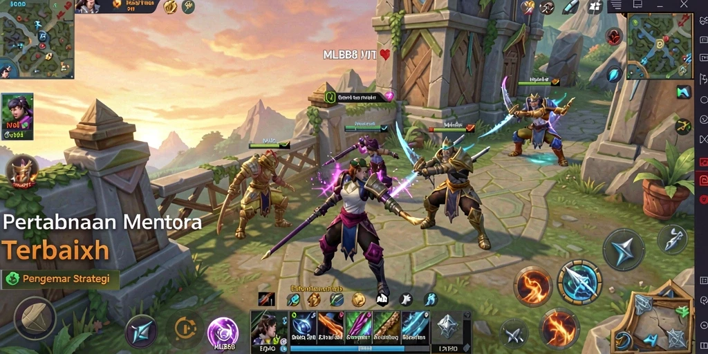 Screenshot gameplay dari MLBB8 menunjukkan aksi pertahanan menara yang intens.