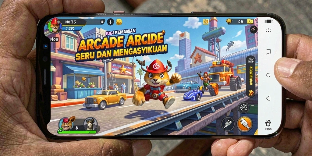 Tampilan gameplay Arcade N06 yang seru dan penuh warna.