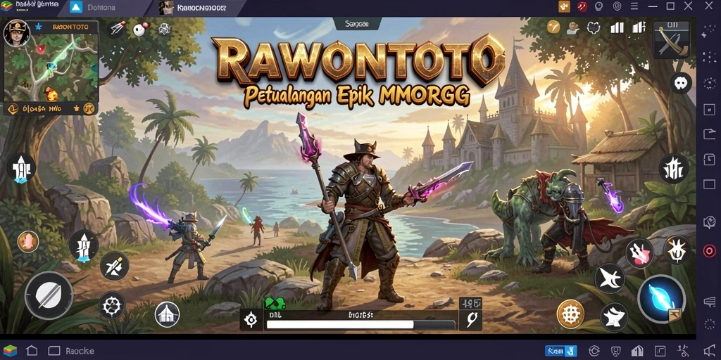 Screenshot gameplay RAWONTOTO yang menampilkan pertarungan epik di dunia MMORPG.